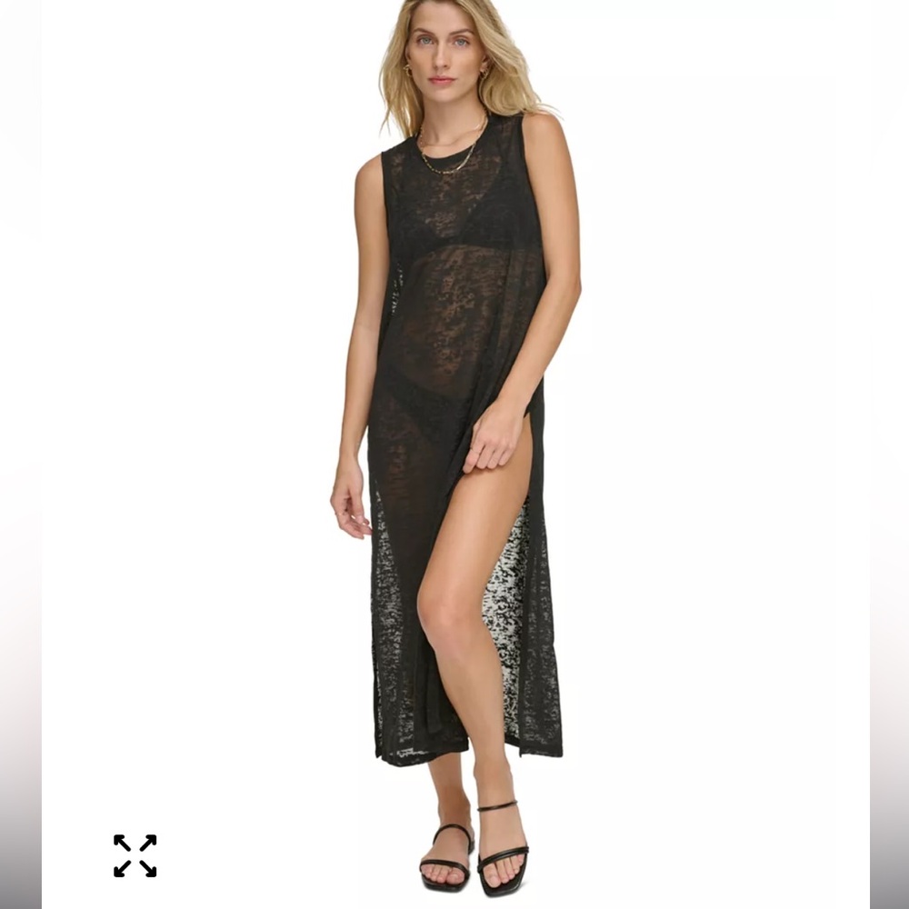 Calvin Klein Swimwear-Burnout Maxi Cover Up, Semi-Sheer Black Knit, Sz L/ XL